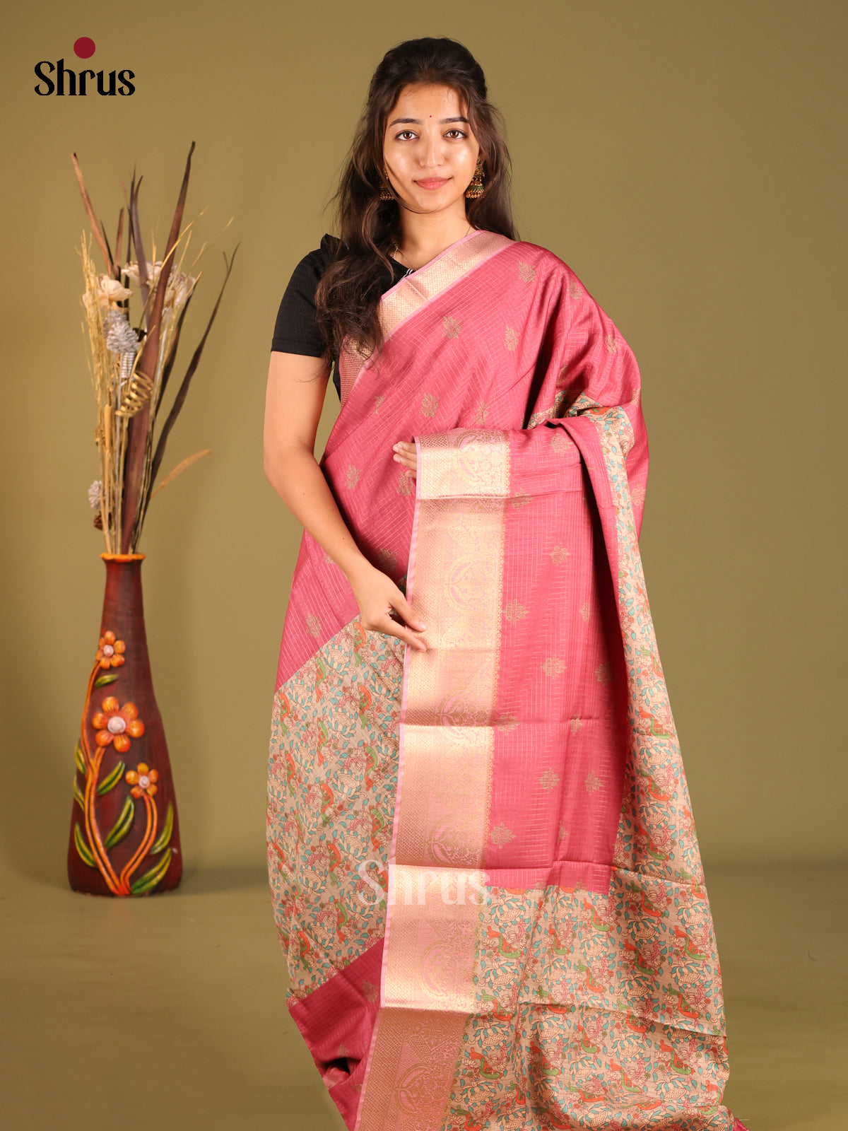 Pink & Beige - Semi Dola silk Saree