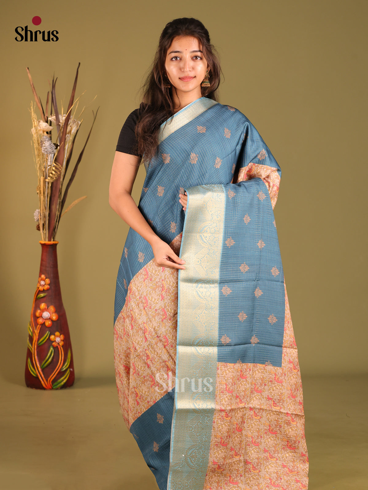 Blue & Cream - Semi Dola silk Saree