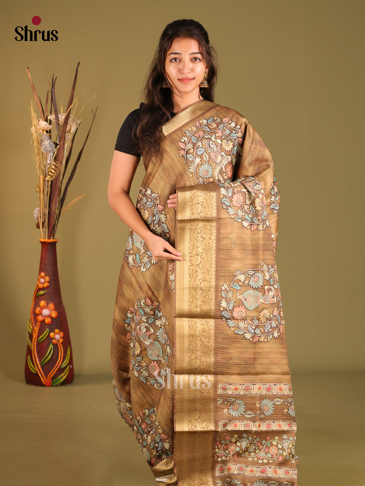 Light Brown - Semi Dola silk Saree