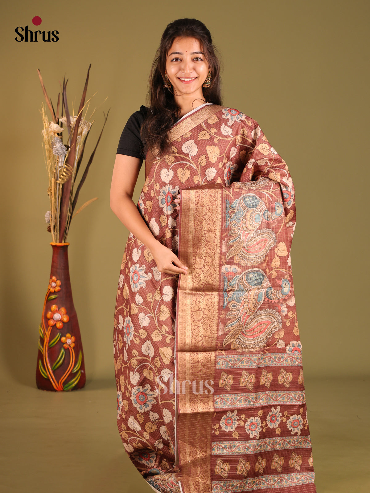 Brown - Semi Dola silk Saree