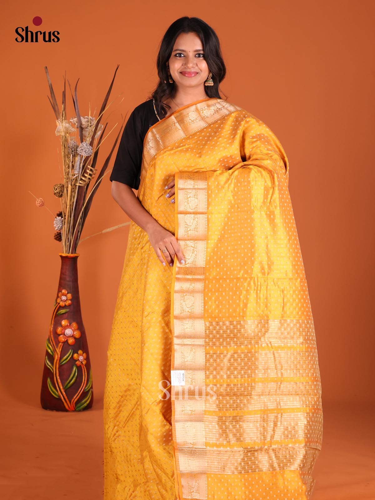 Yellow - Semi Rawsilk Saree - Shop on Shrus.com