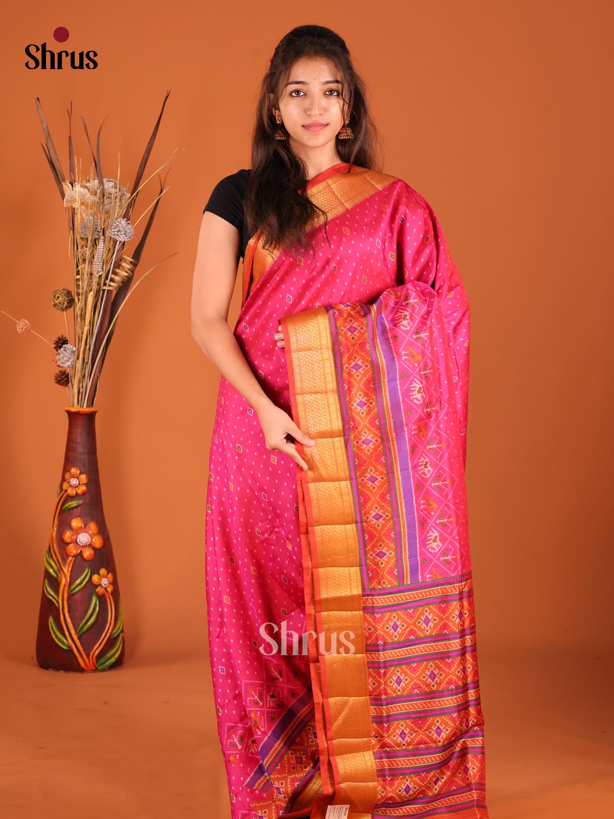 Pink & Orange- Semi Patola Saree - Shop on Shrus.com