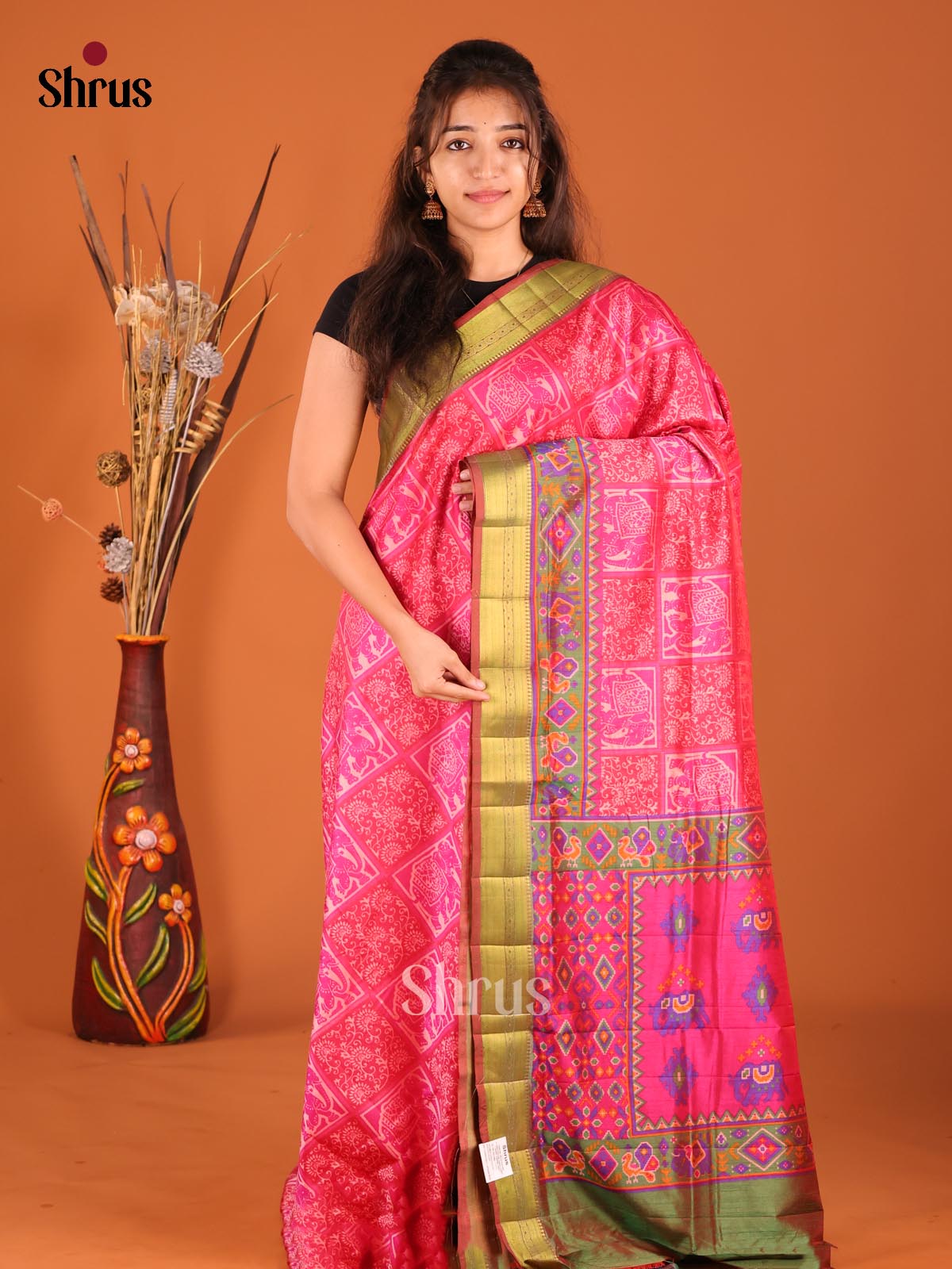 Pink & Green - Semi Patola Saree - Shop on Shrus.com