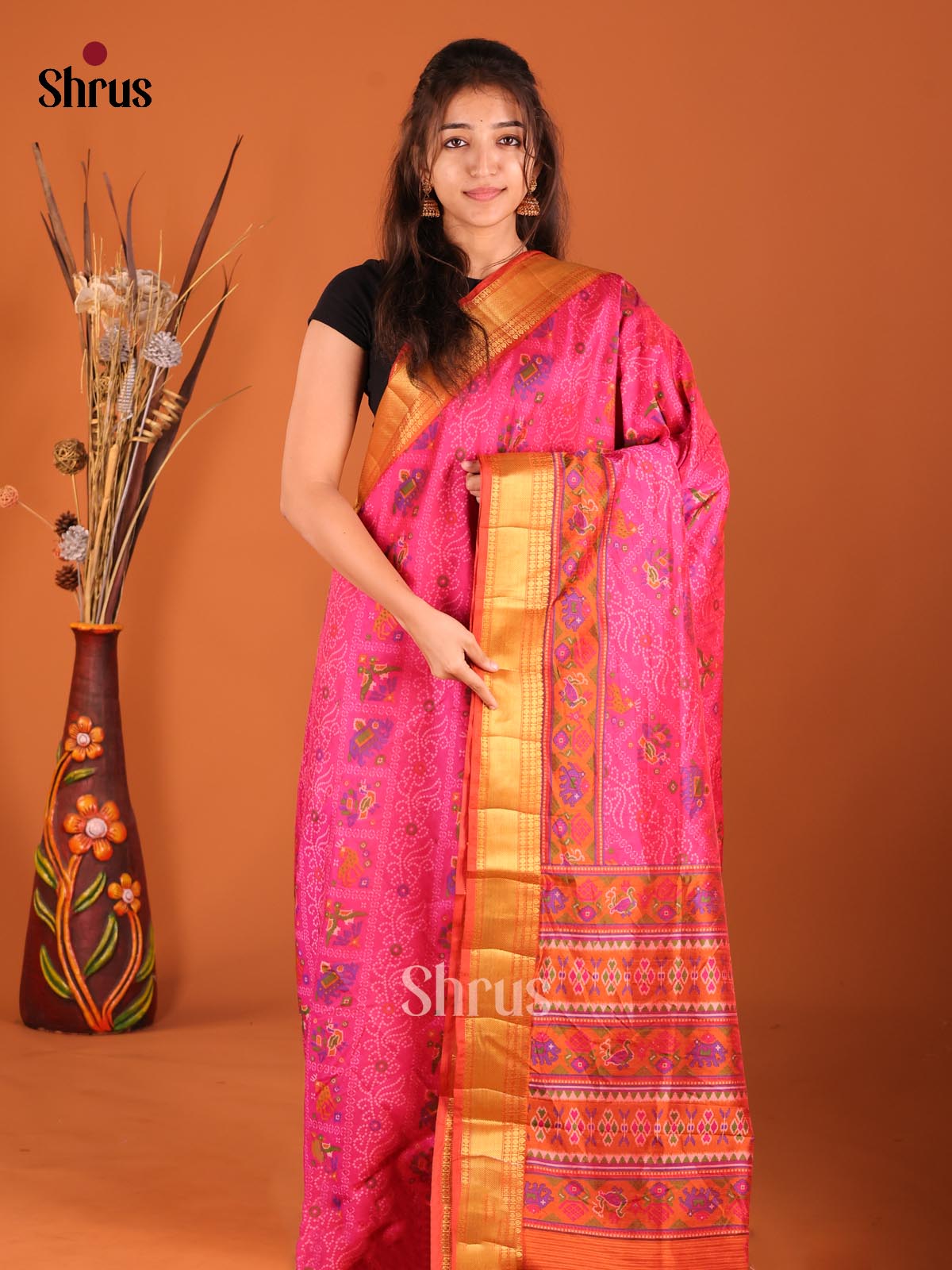 Pink & Orange - Semi Patola Saree - Shop on Shrus.com