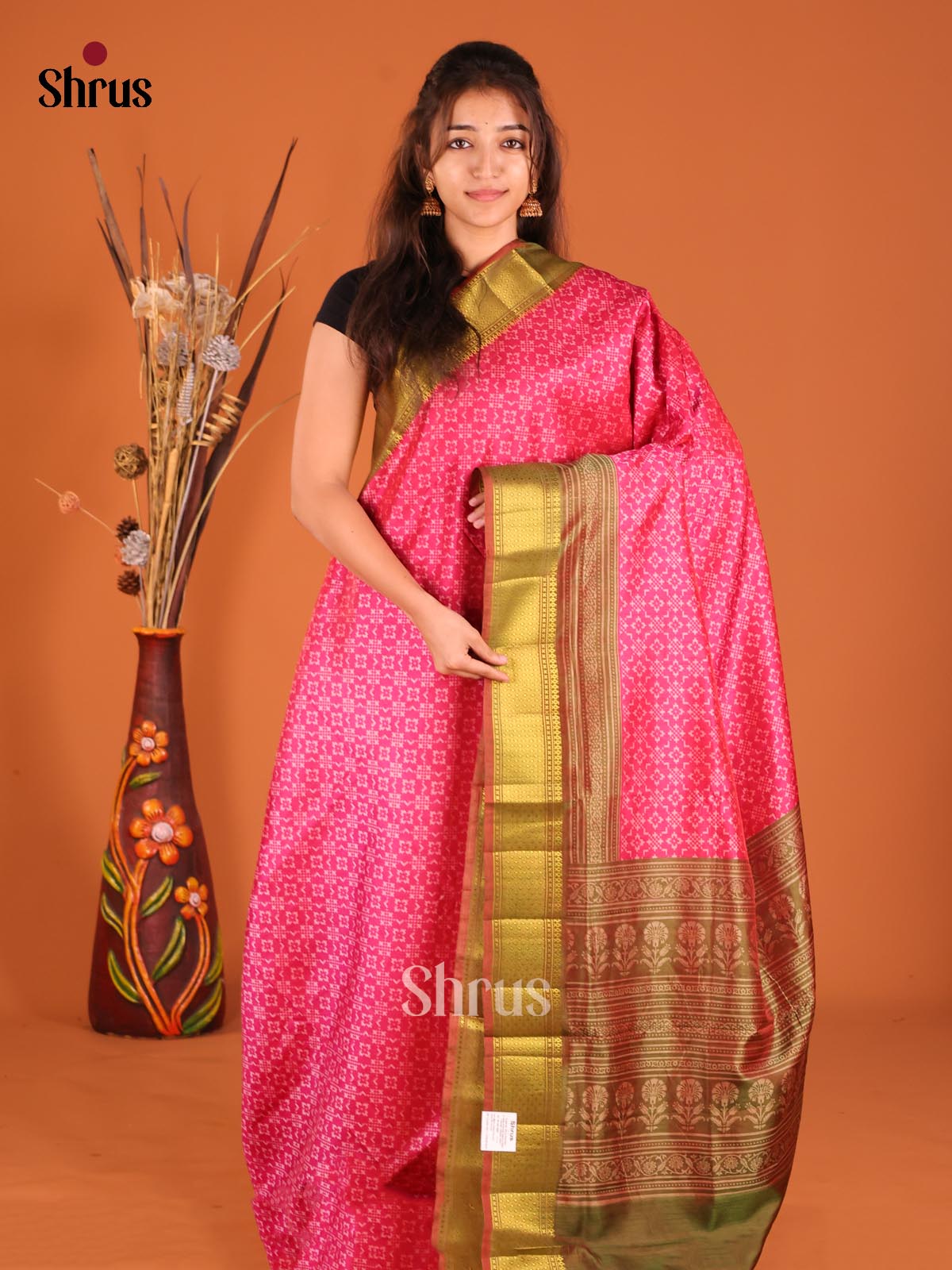 Pink & Green- Semi Patola Saree - Shop on Shrus.com