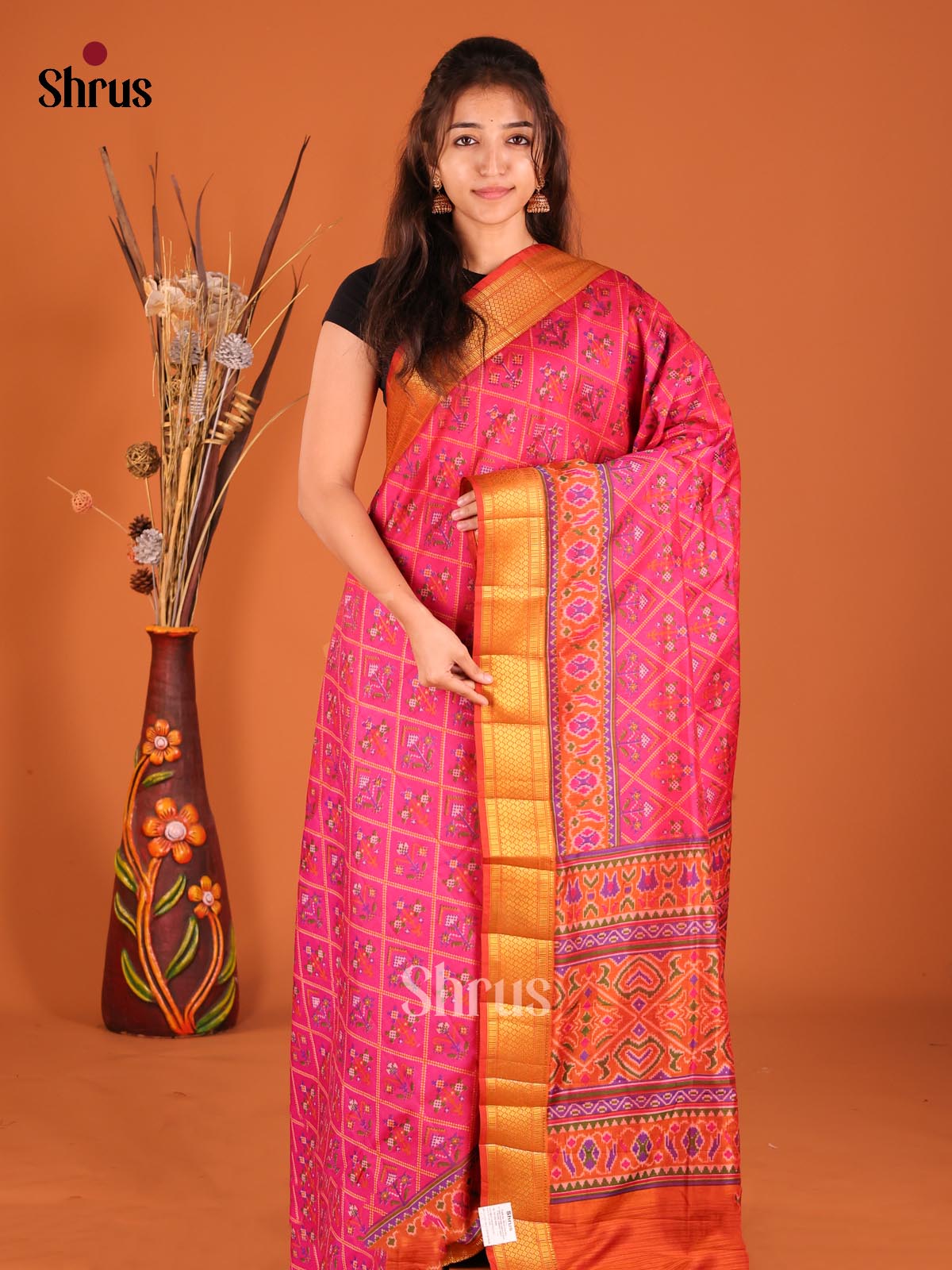 Pink & Orange - Semi Patola Saree - Shop on Shrus.com