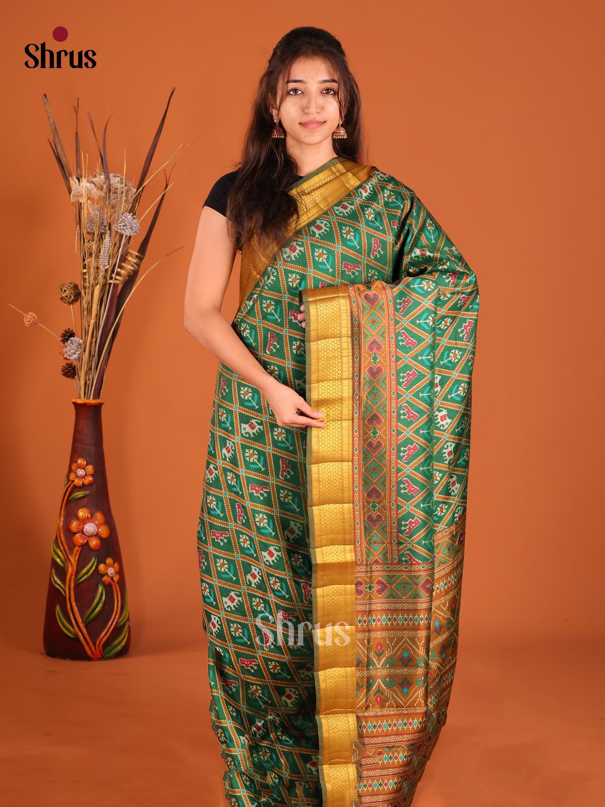 Green & Mustard- Semi Patola Saree - Shop on Shrus.com