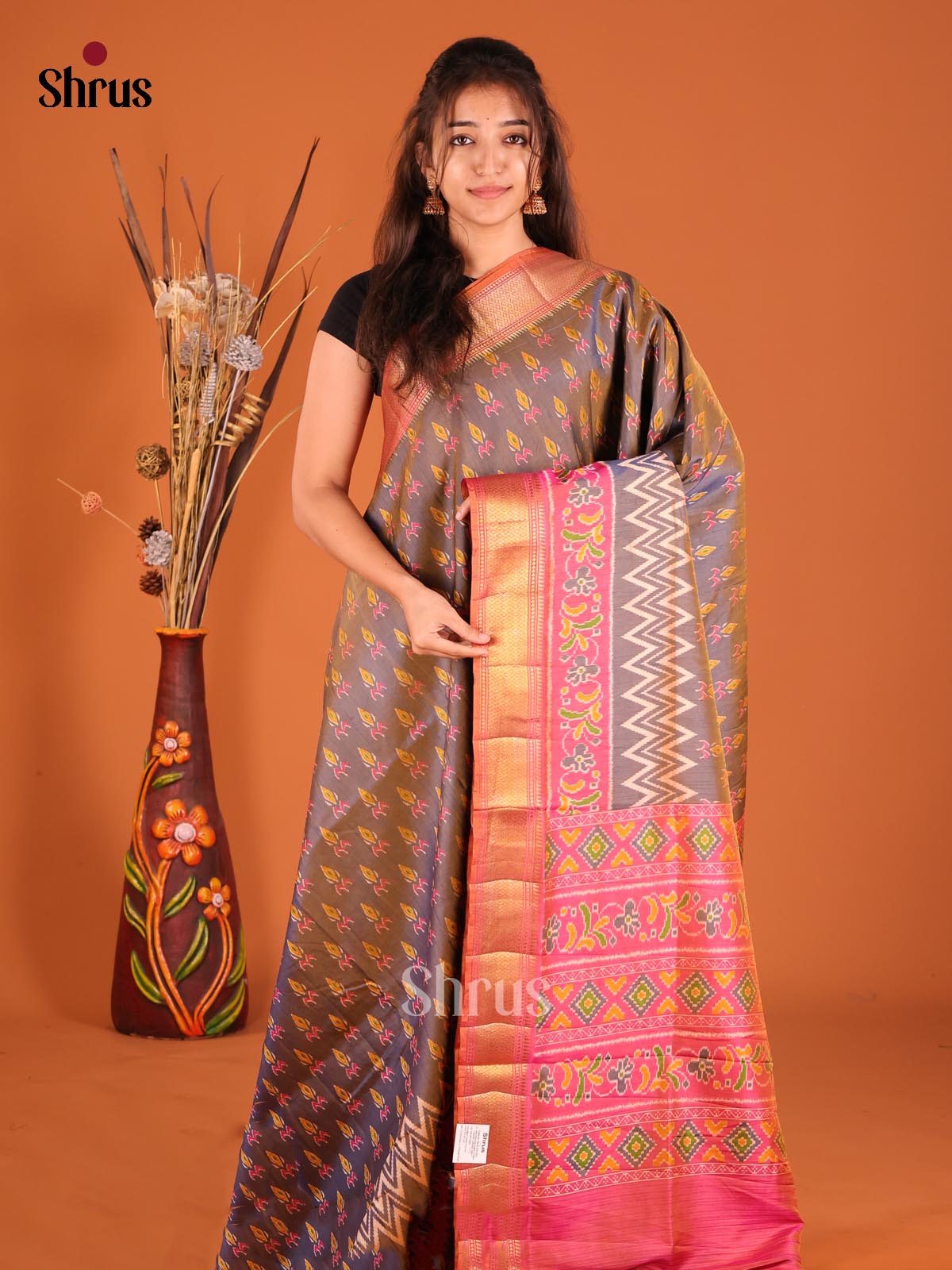 Purple & Orangish Pink- Semi Patola Saree - Shop on Shrus.com