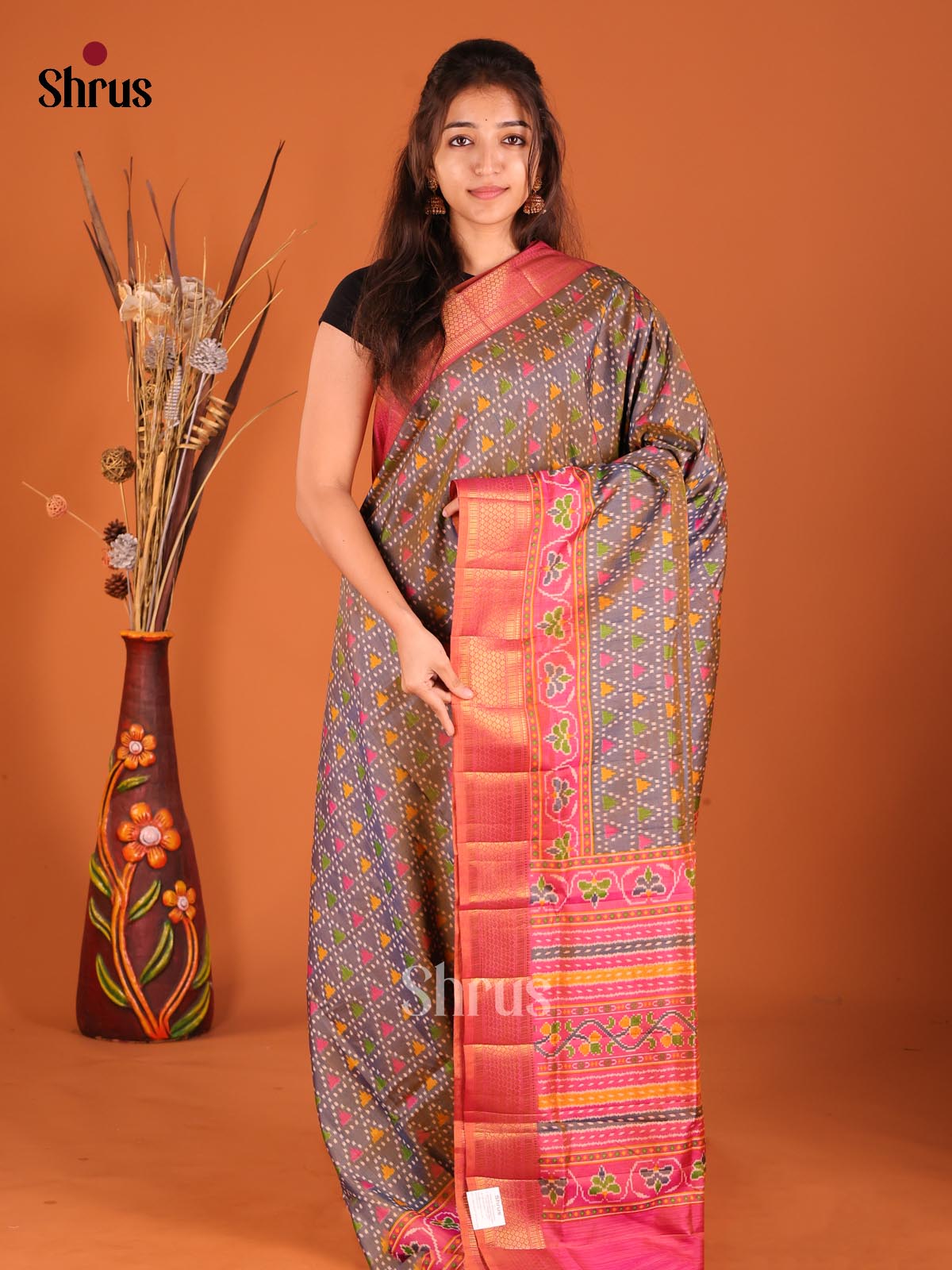 Purple & Orangish Pink - Semi Patola Saree - Shop on Shrus.com