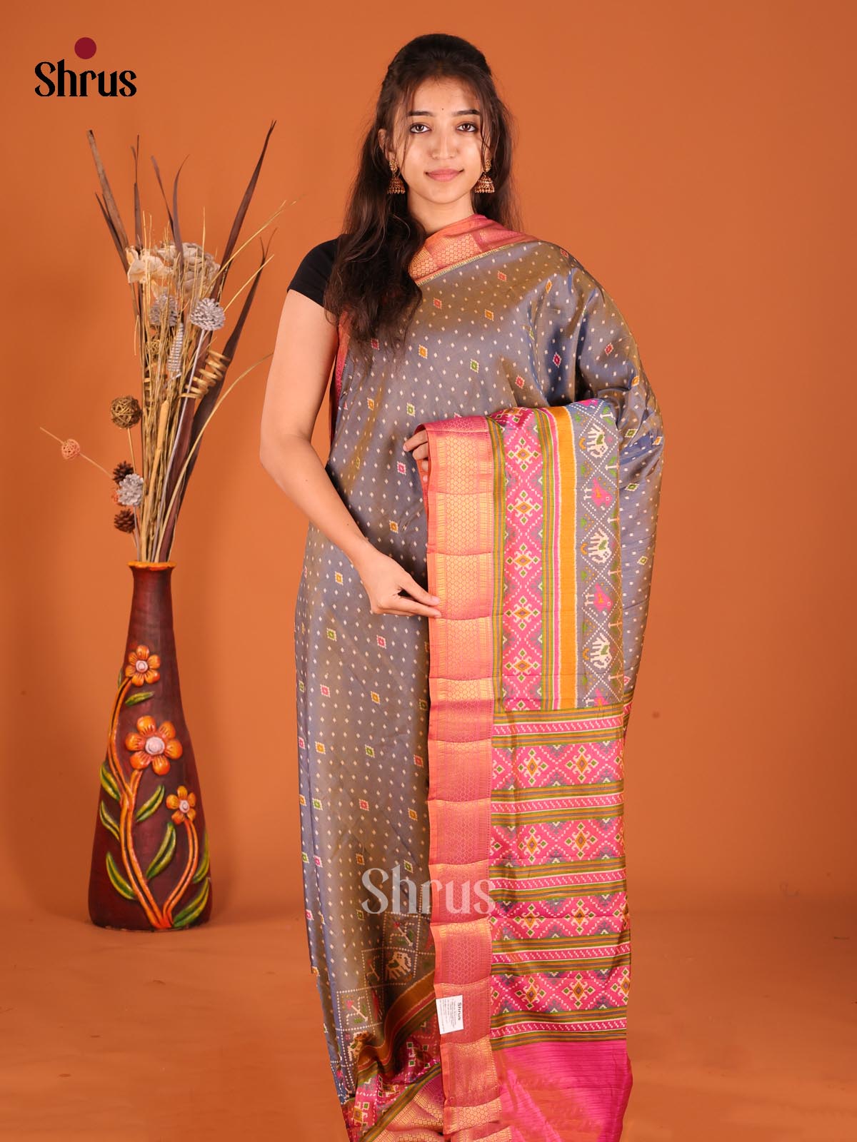 Purple & Orangish Pink- Semi Patola Saree - Shop on Shrus.com