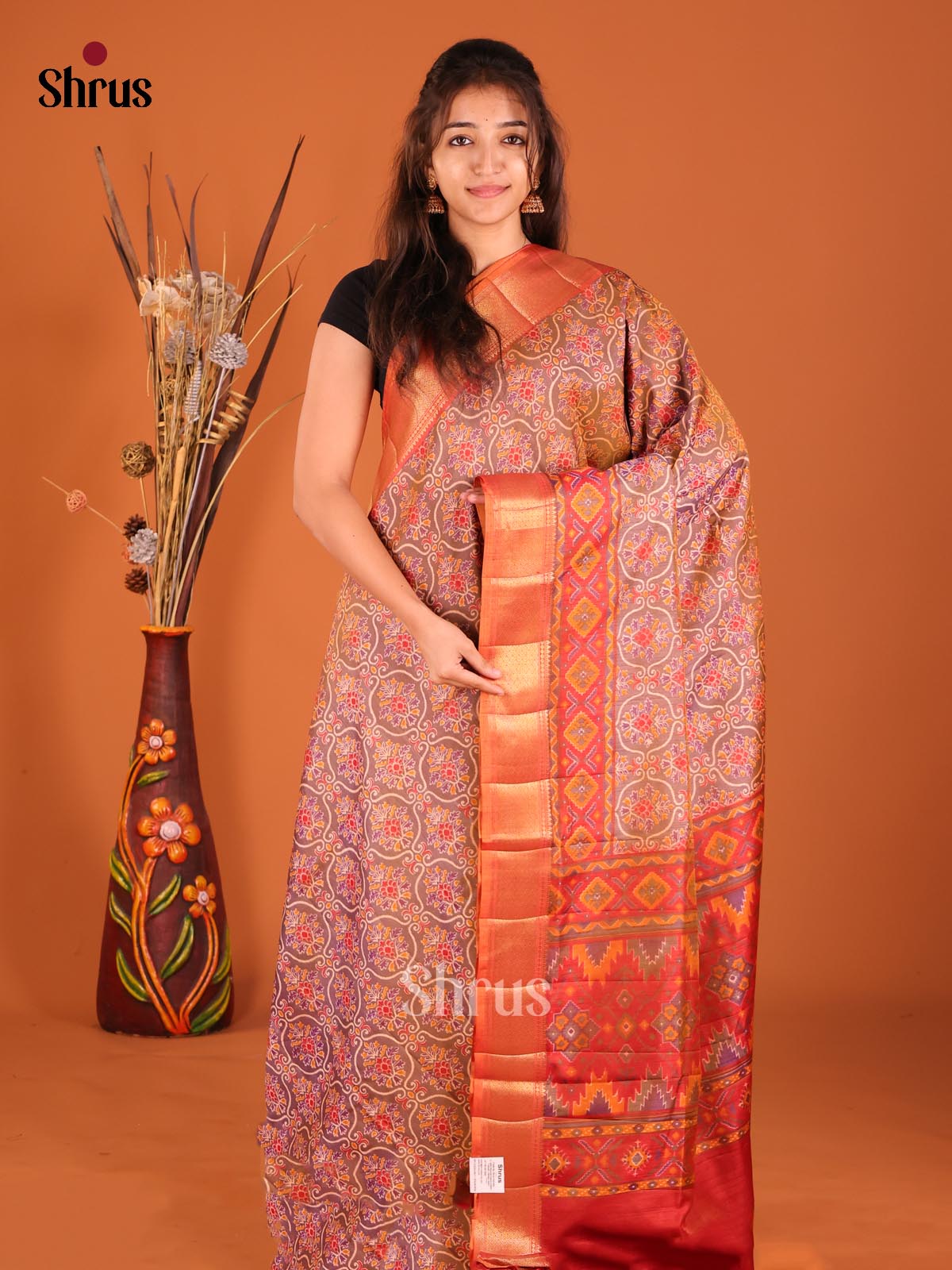 Double Shaded Purple & Brick- Semi Patola Saree - Shop on Shrus.com