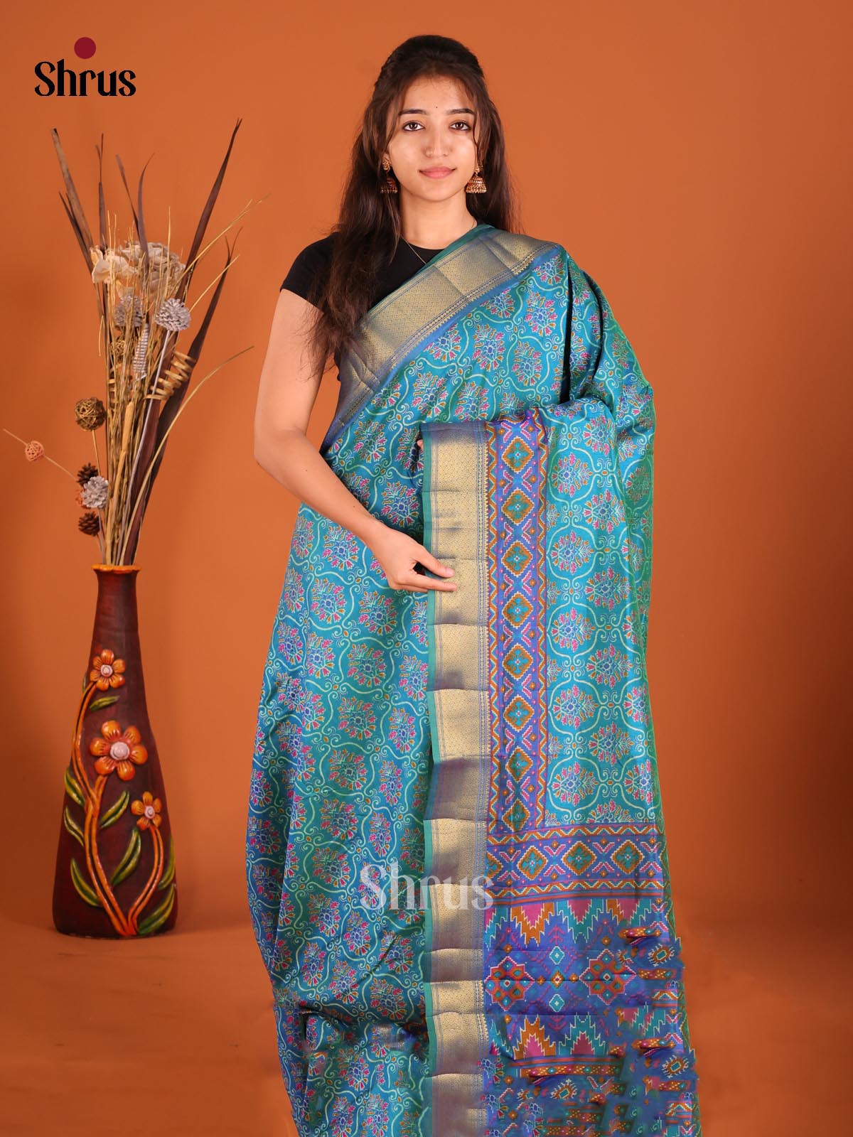 Teal & Blue- Semi Patola Saree - Shop on Shrus.com