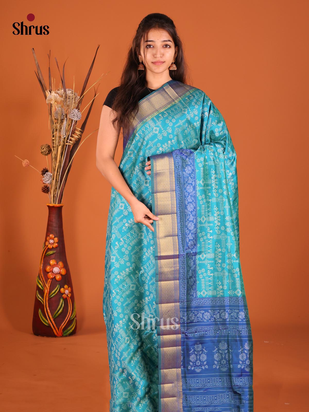 Teal & Blue - Semi Patola Saree - Shop on Shrus.com