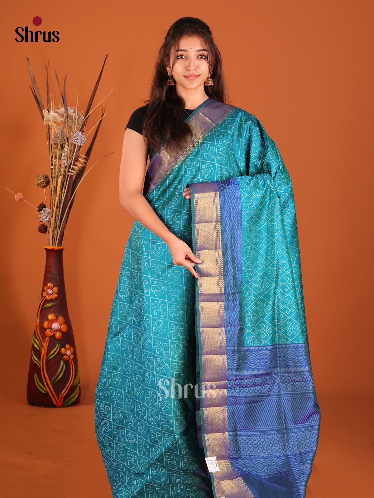 Teal & Blue - Semi Patola Saree - Shop on Shrus.com