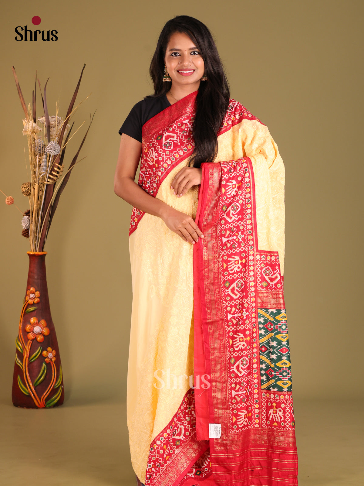 Light Yellow & Red - Semi Ikkat Saree