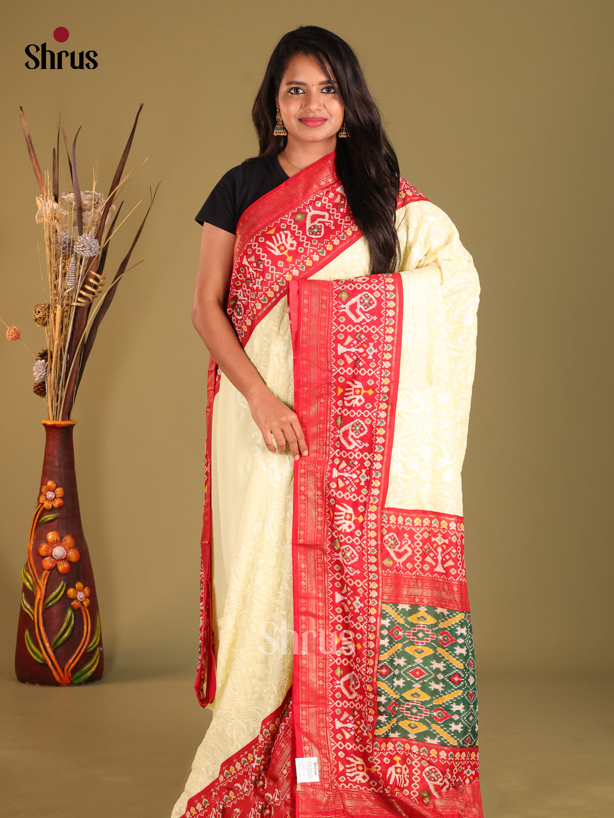 Cream & Red - Semi Ikkat Saree
