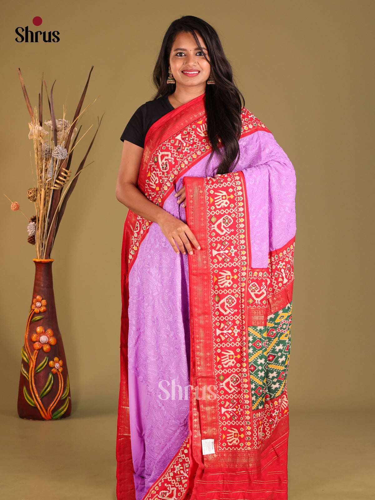 Lavender & Red - Semi Ikkat Saree