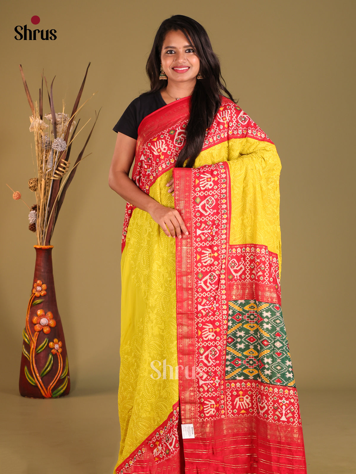 Yellow & Red - Semi Ikkat Saree