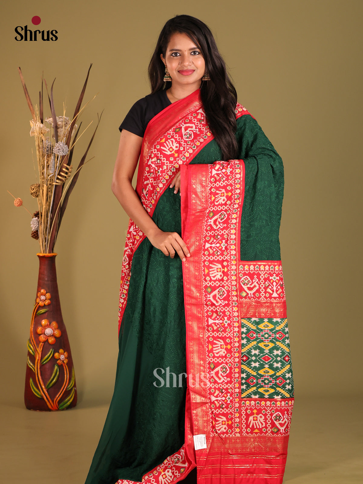 Green & Red - Semi Ikkat Saree - Shop on Shrus.com