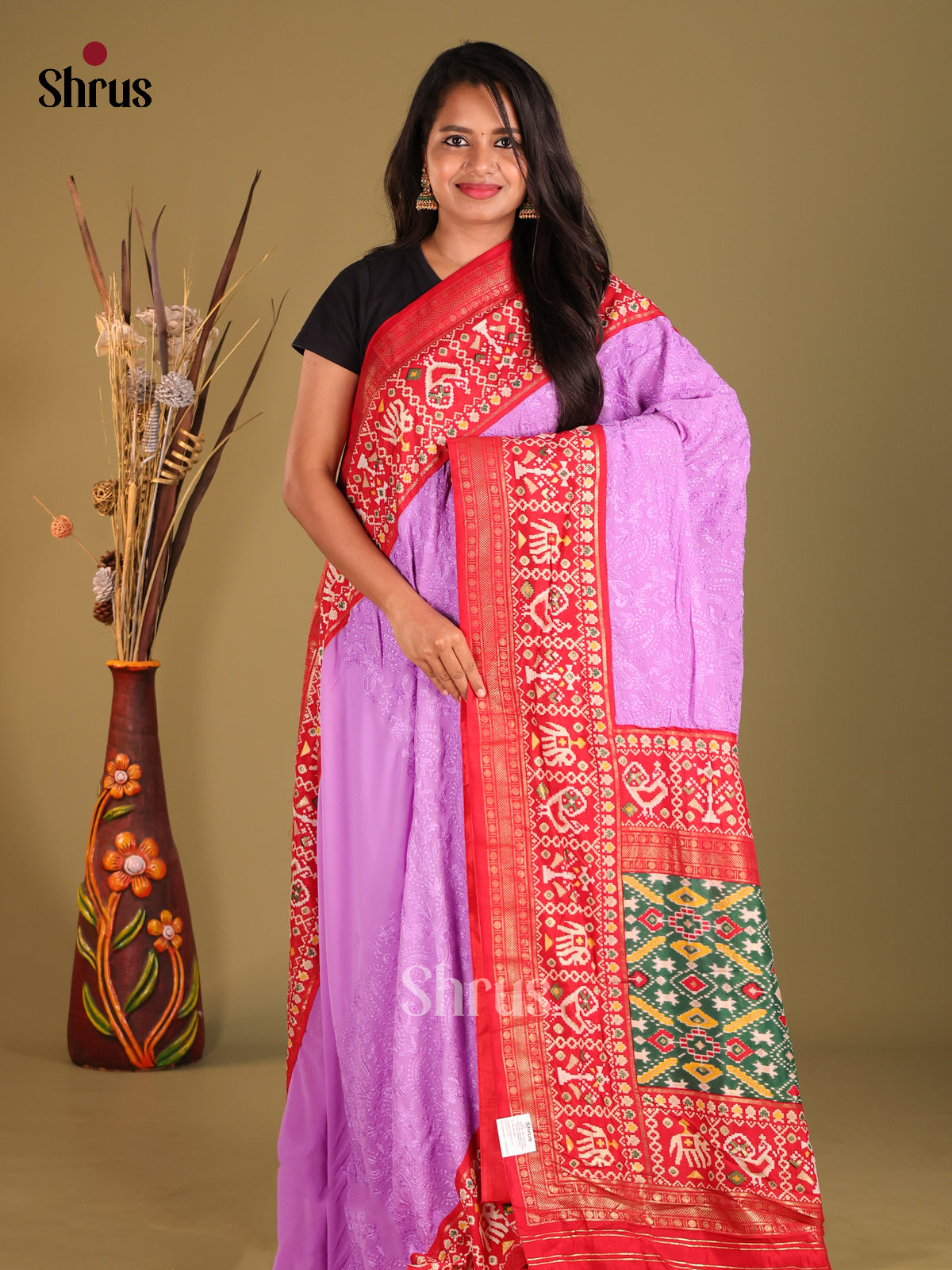 Lavender & Red - Semi Ikkat Saree