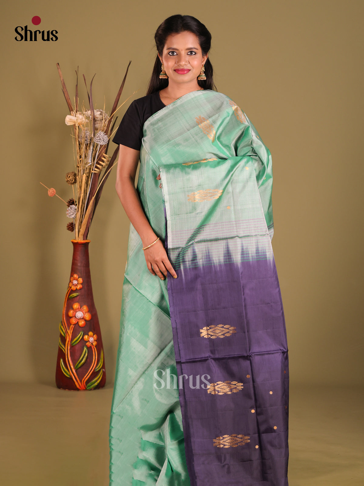 Pastel Green & Blue - Banana Pith Saree - Shop on Shrus.com