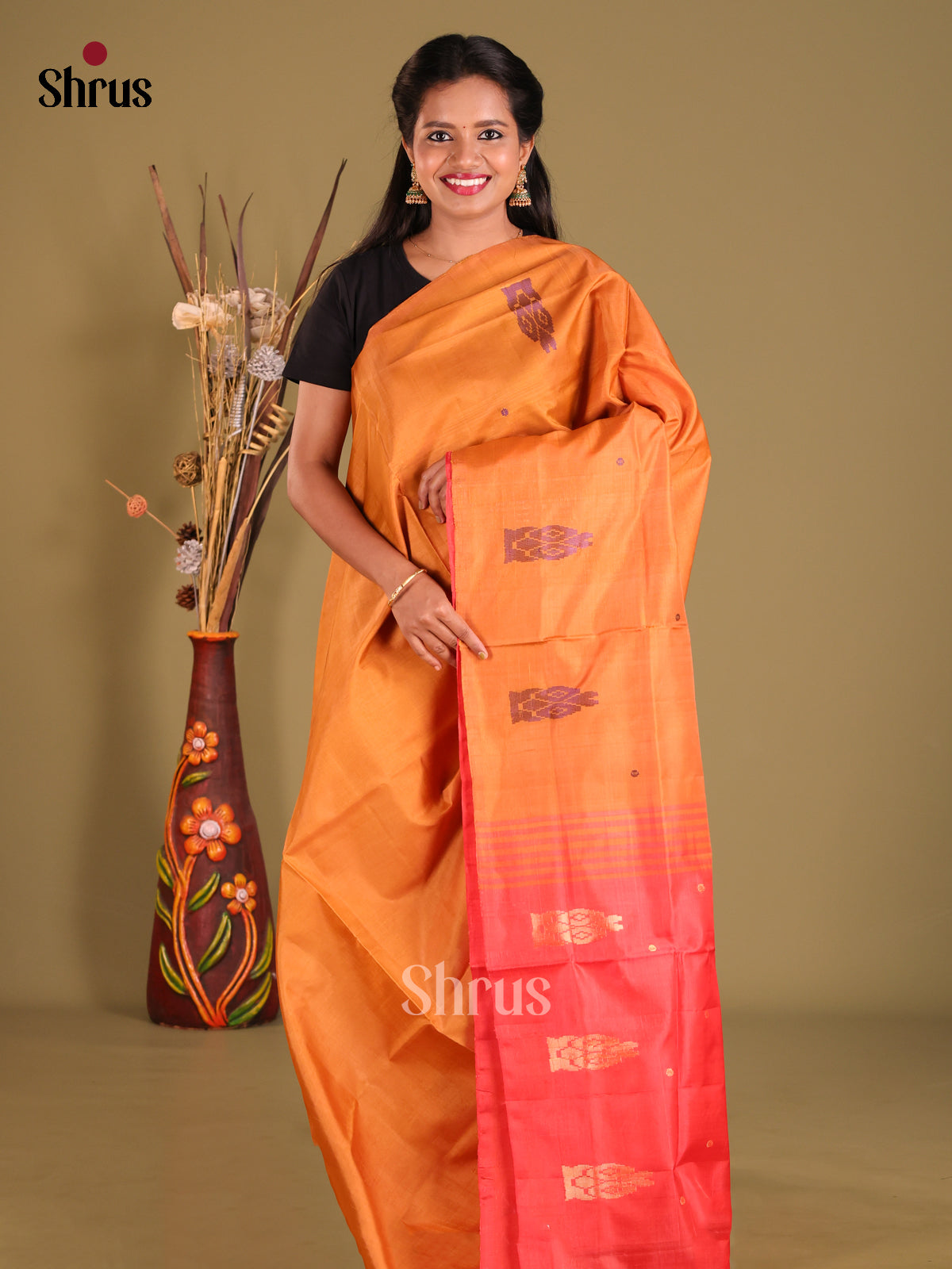 Orange & Red- Banana Pith Saree - Shop on Shrus.com