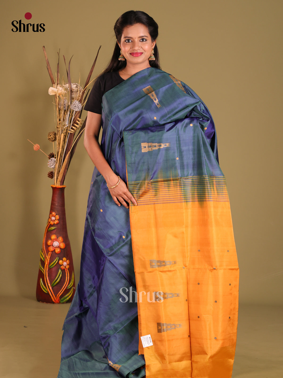 Blue & Orange - Banana Pith Saree