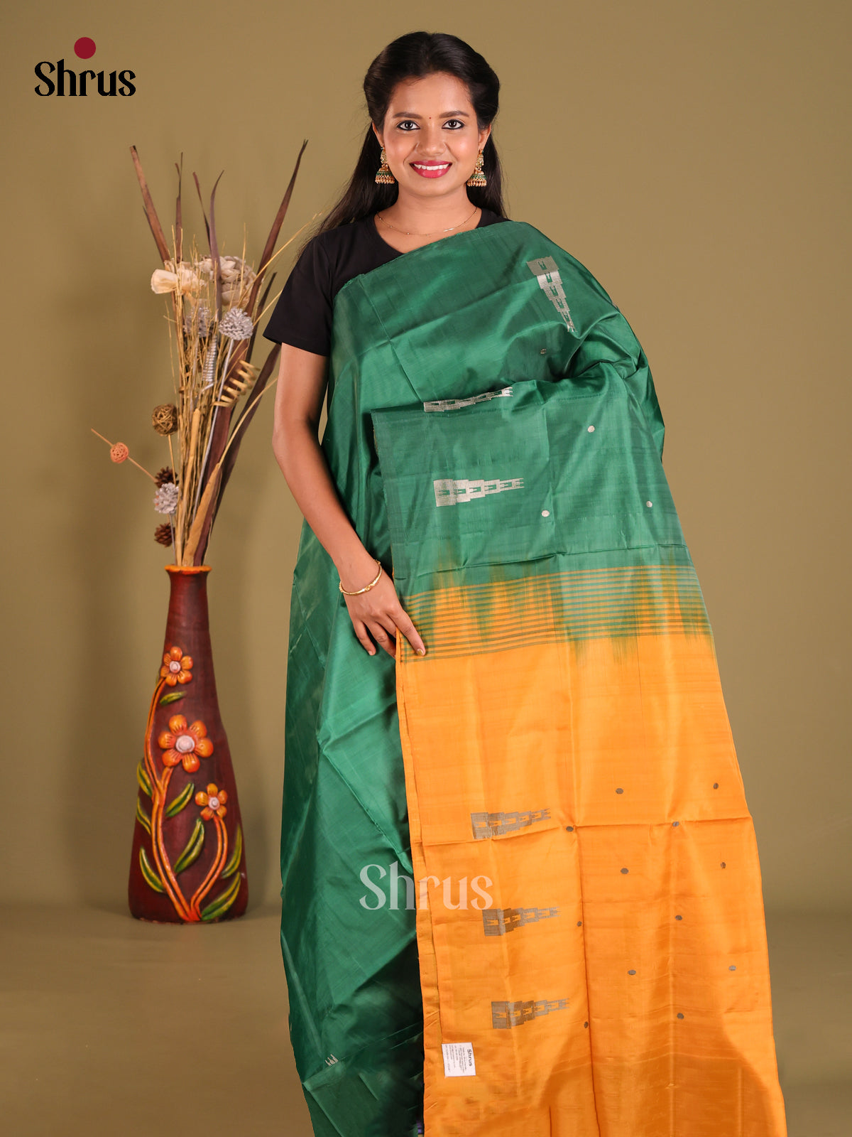 Green & Orange - Banana Pith Saree - Shop on Shrus.com