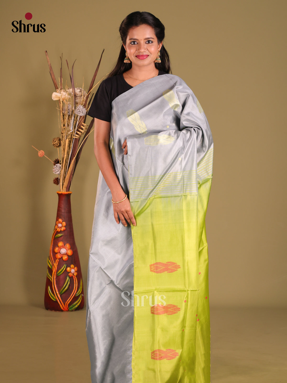 Grey & Green - Banana Pith Saree - Shop on Shrus.com