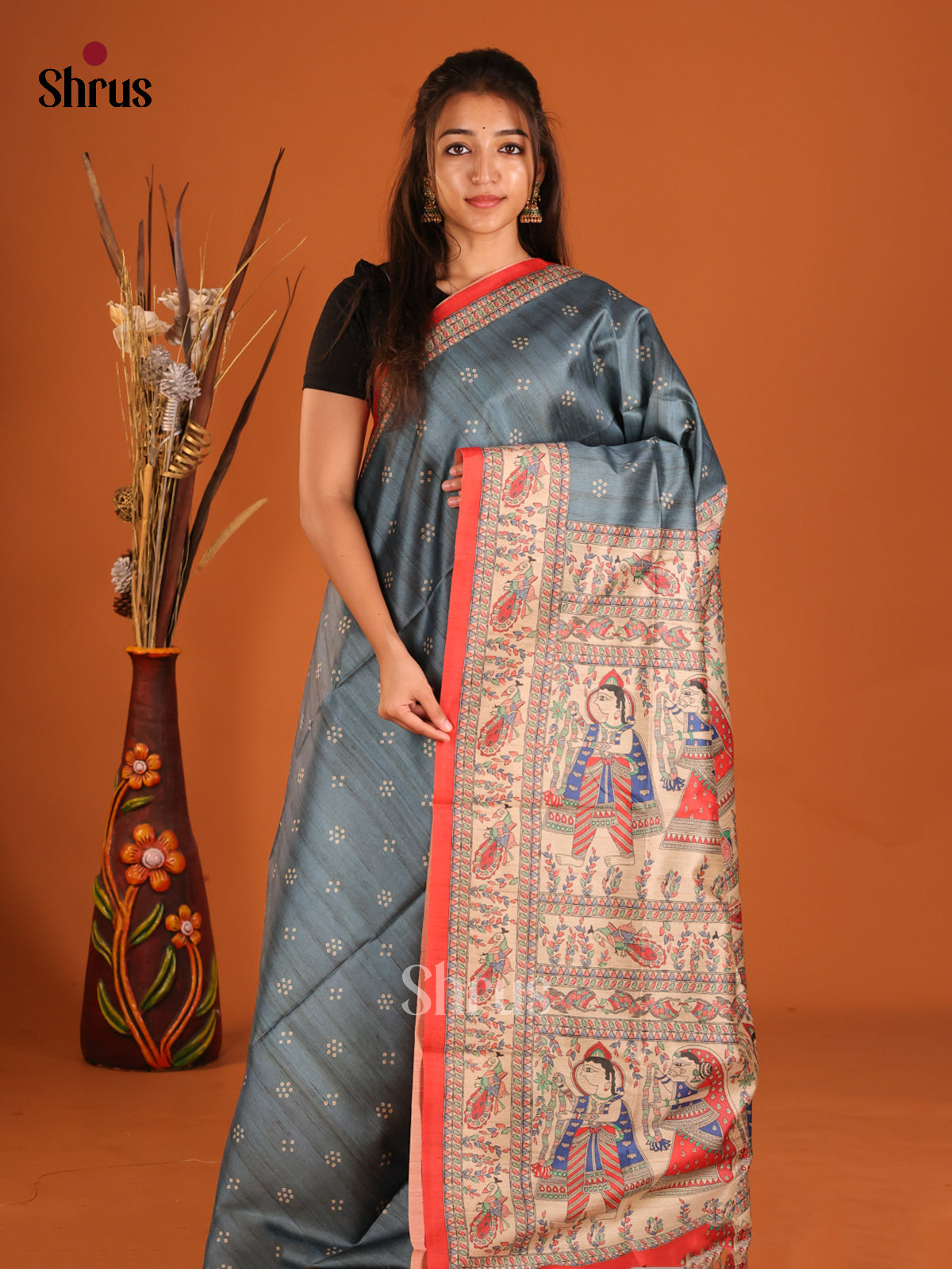 Blue & Red - Printed Madhubani Saree