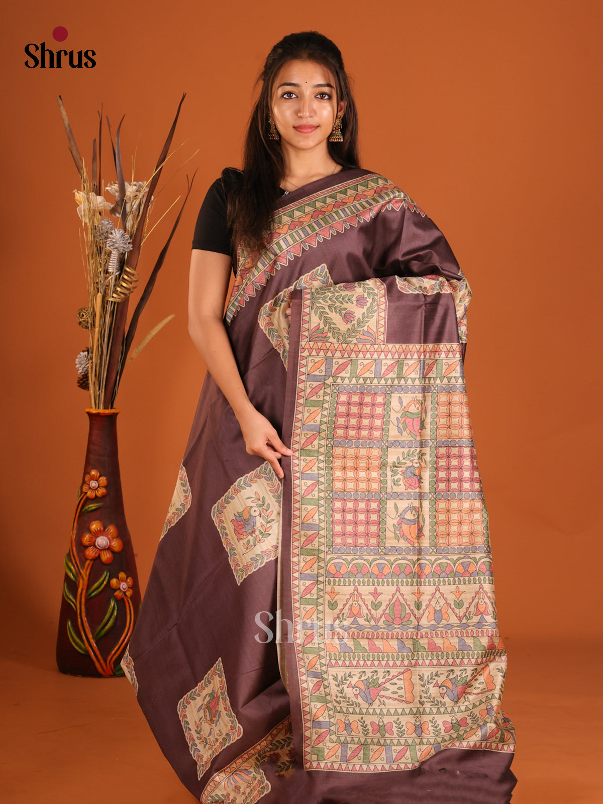 Brown & Cream - Printed Madhubani Saree