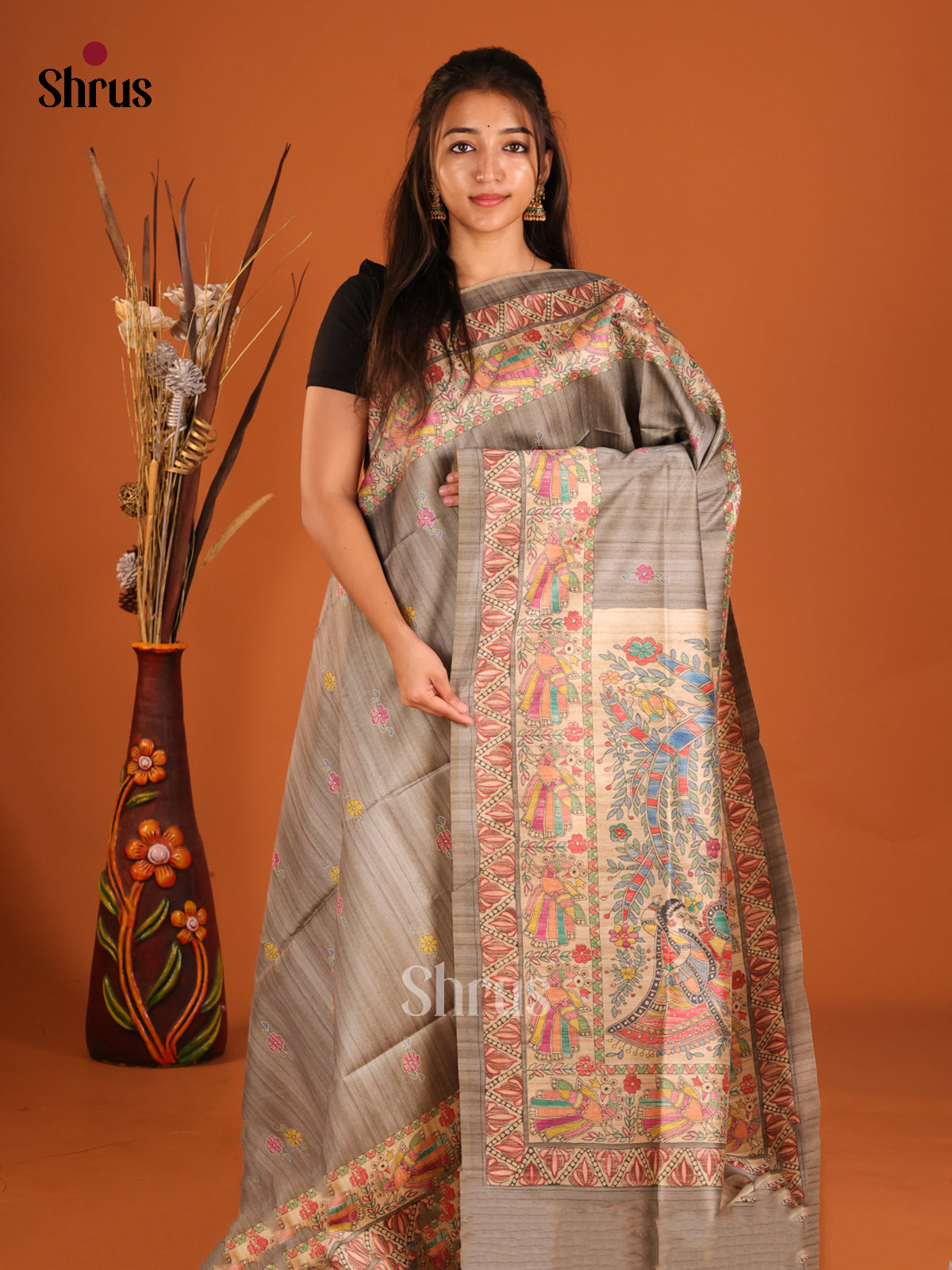 Grey & Cream - Printed Madhubani Saree - Shop on Shrus.com