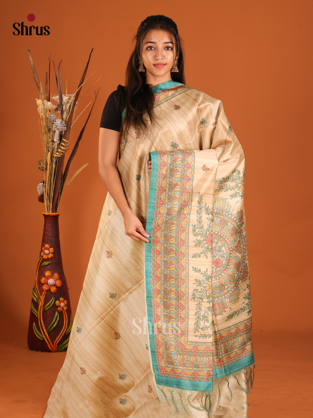 Cream & Blue - Printed Madhubani Saree