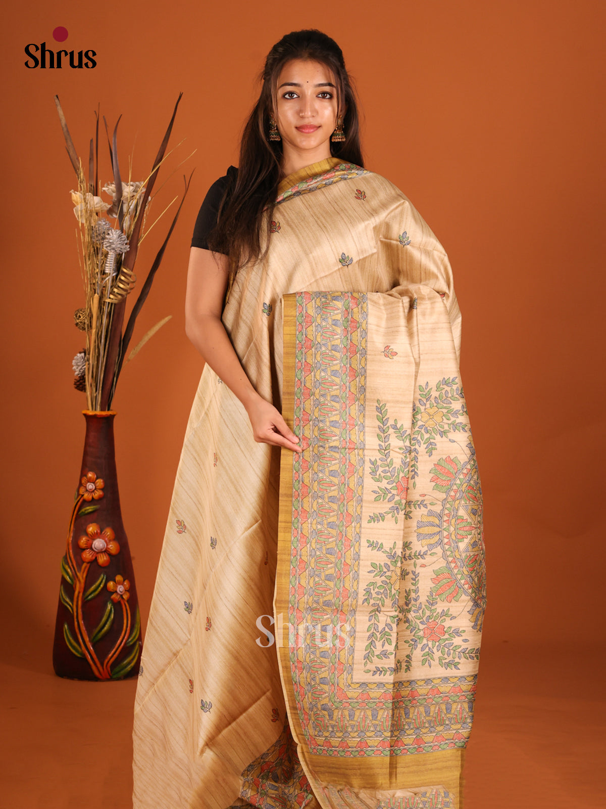 Beige & Mustard - Printed Madhubani Saree