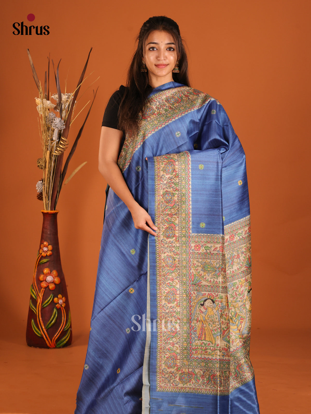 Blue & Cream- Printed Madhubani Saree