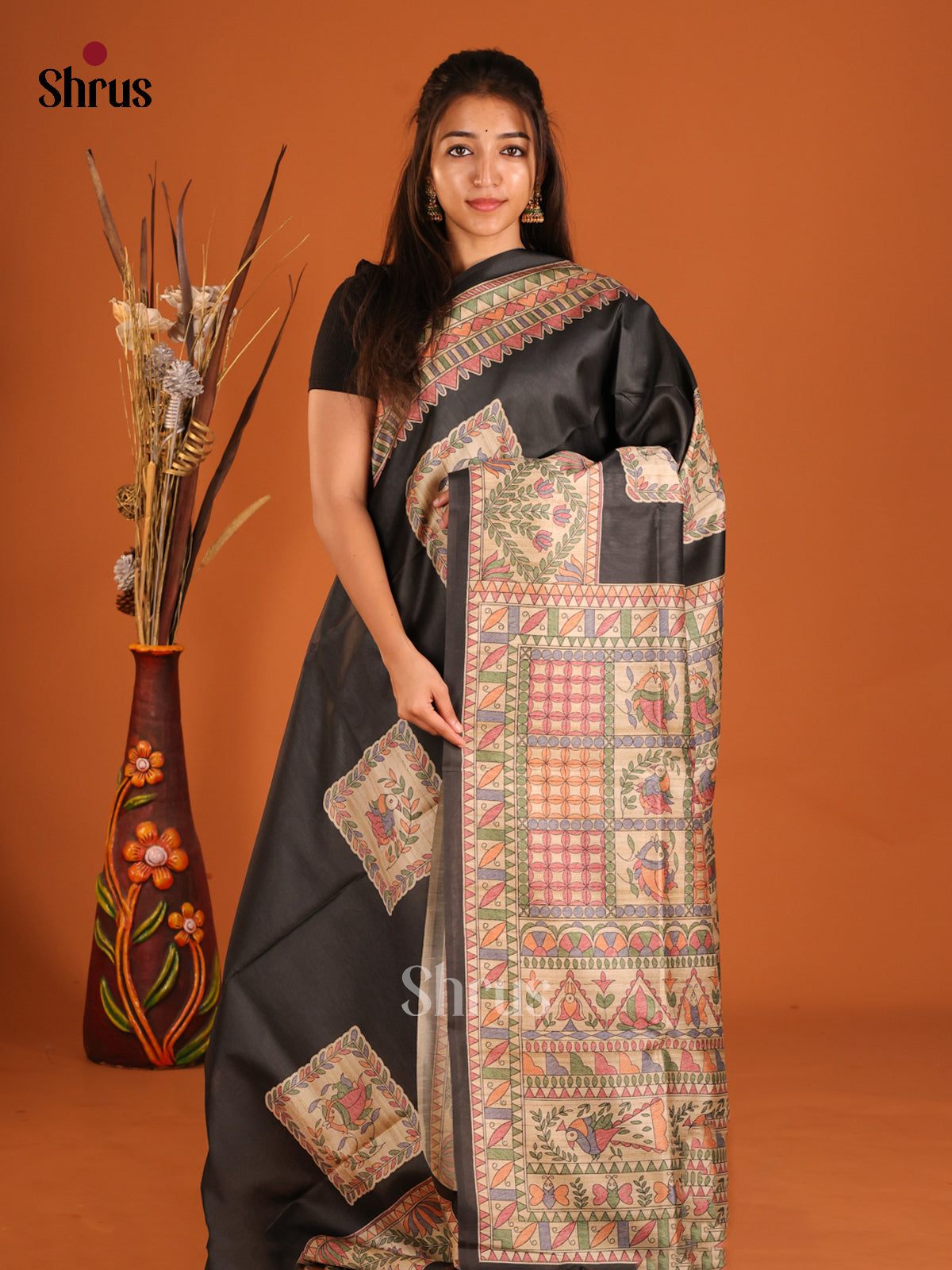 Black & Beige - Printed Madhubani Saree - Shop on Shrus.com