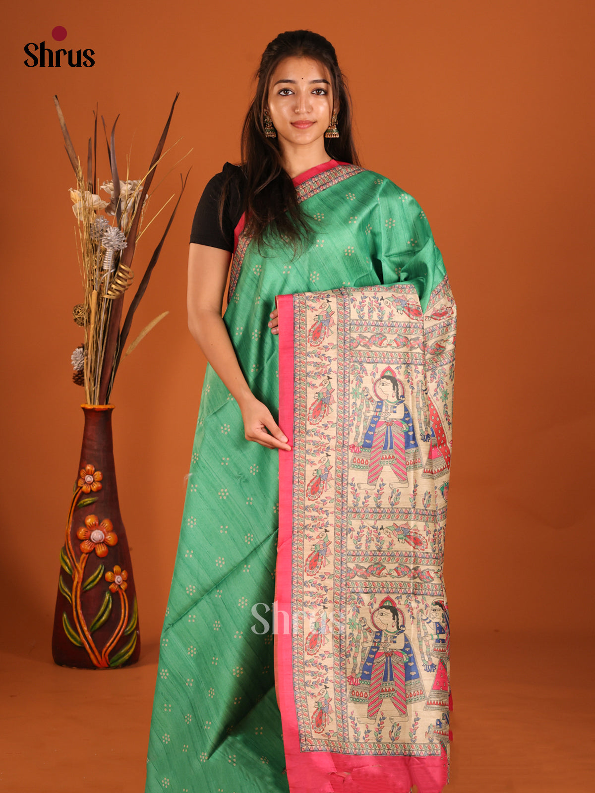 Green & Pink - Printed Madhubani Saree - Shop on Shrus.com