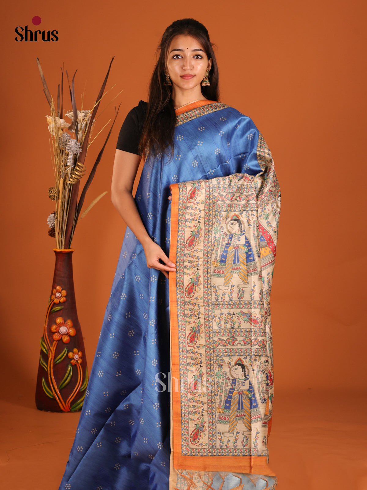 Blue & Brick - Printed Madhubani Saree