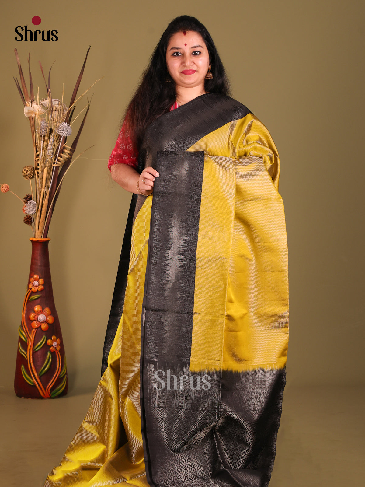 Mehandi & Black Soft Silk Saree with zari stripes-1