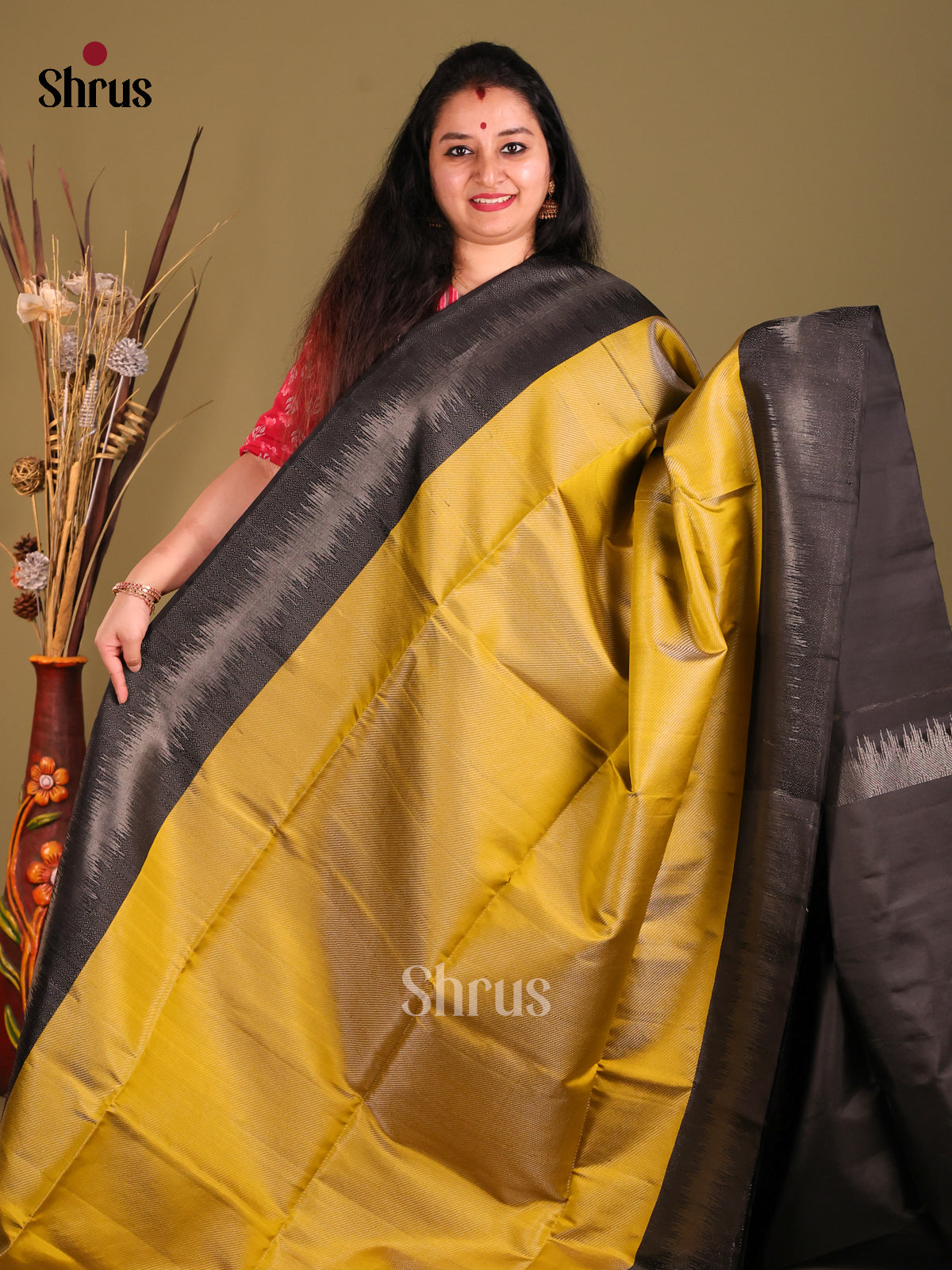 Mehandi & Black Soft Silk Saree with zari stripes-2
