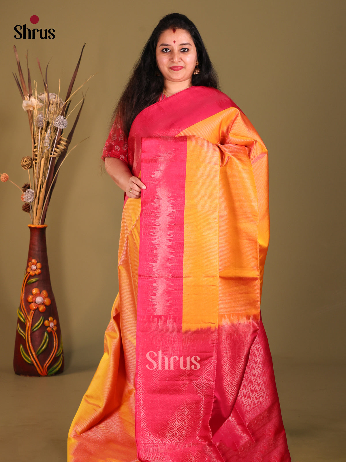Mustard & Pink Soft Silk Saree with zari stripes-1