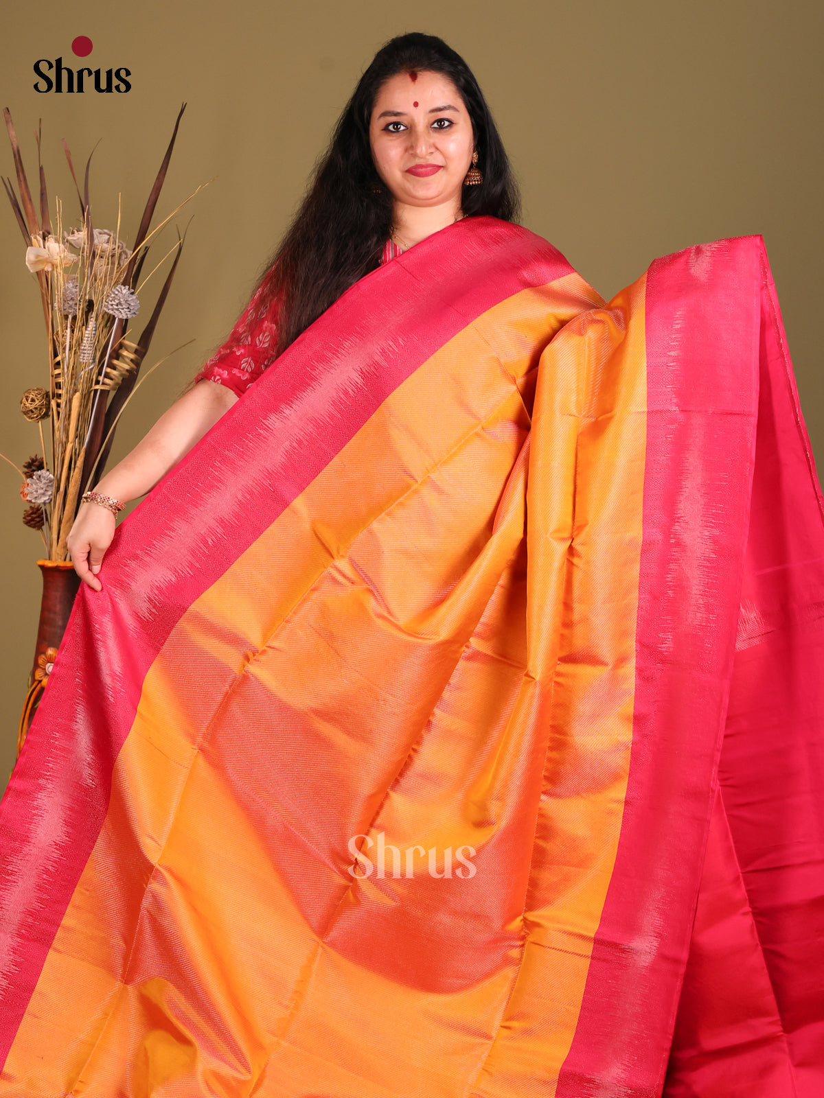 Mustard & Pink Soft Silk Saree with zari stripes-2