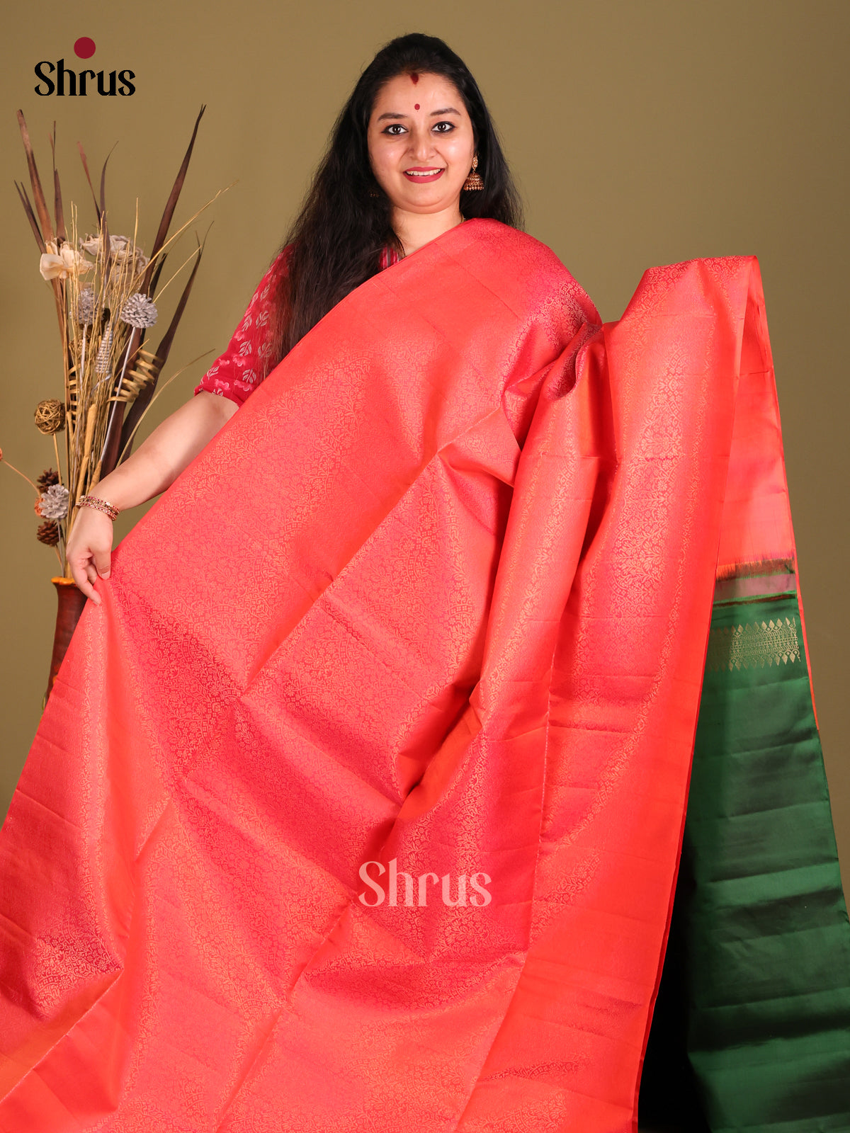 Orangish Pink & Green Soft Silk Saree gleams with gold zari floral nestling brocade-2