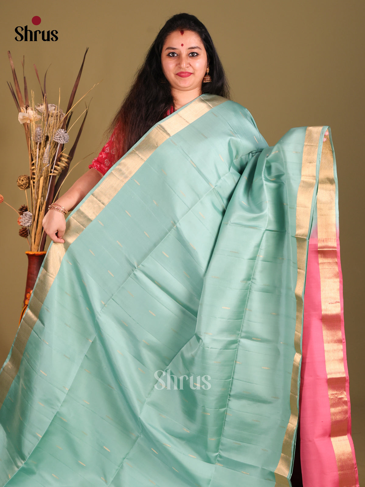 Pastel Blue & Pink Soft Silk Saree with zari buttas-2