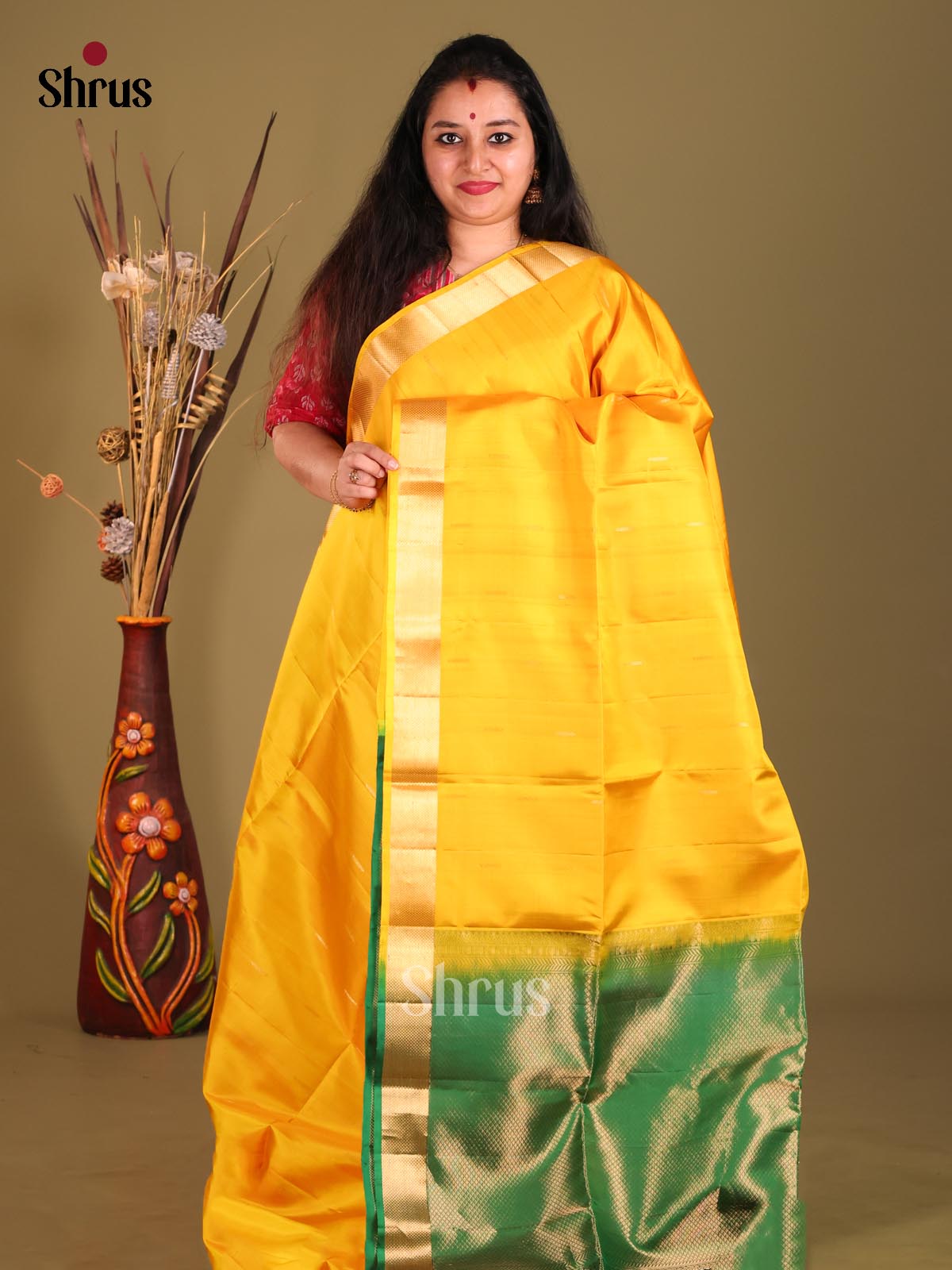 Yellow & Green Soft Silk Saree gleams with zari buttas - Shop on Shrus.com