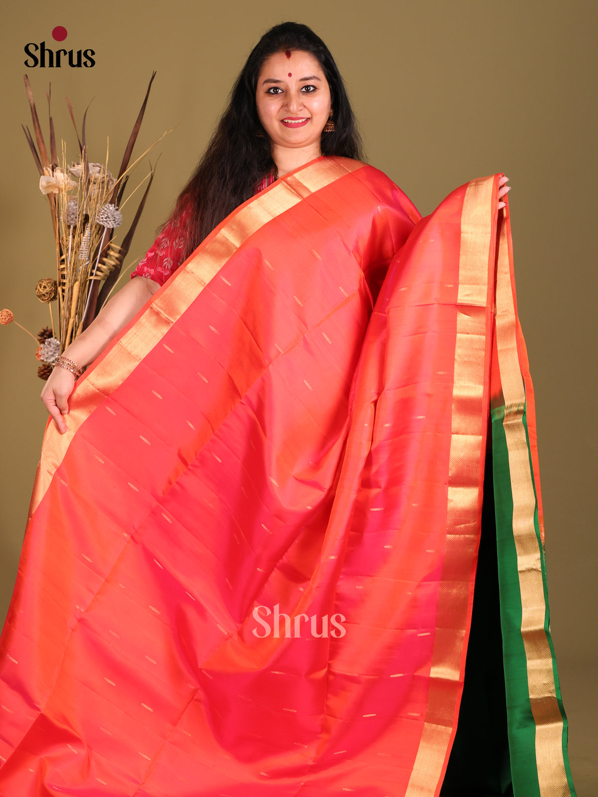 Orangish Pink Soft Silk Saree with contrast zari brocade pallu-2