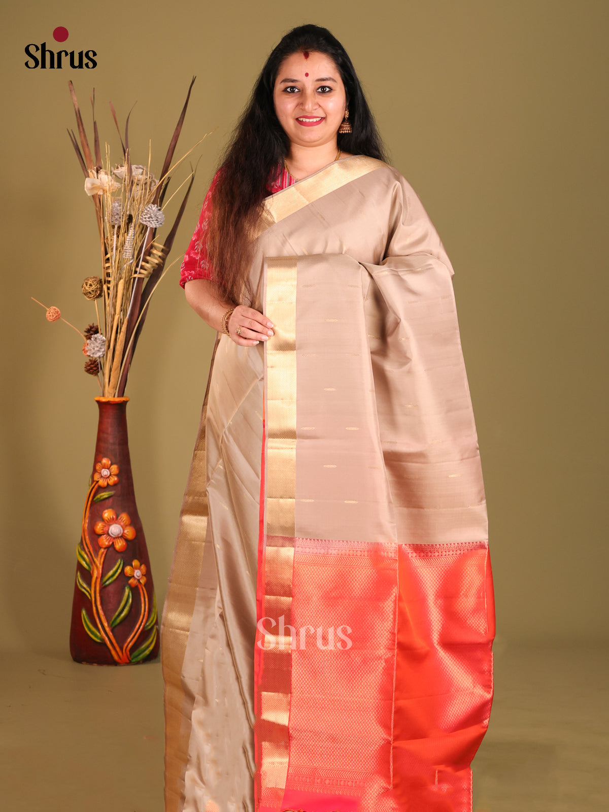 Grey & Orangish Pink Soft Silk Saree gleam with zari buttas-1