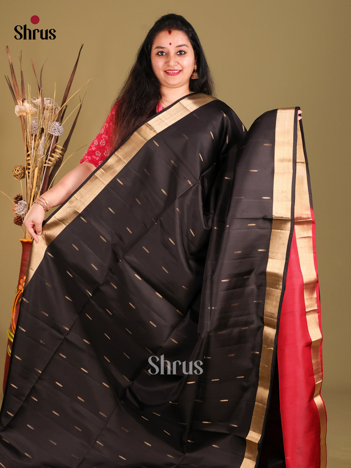 Black & Maroon Soft Silk Saree with zari buttas, brocade pallu-2