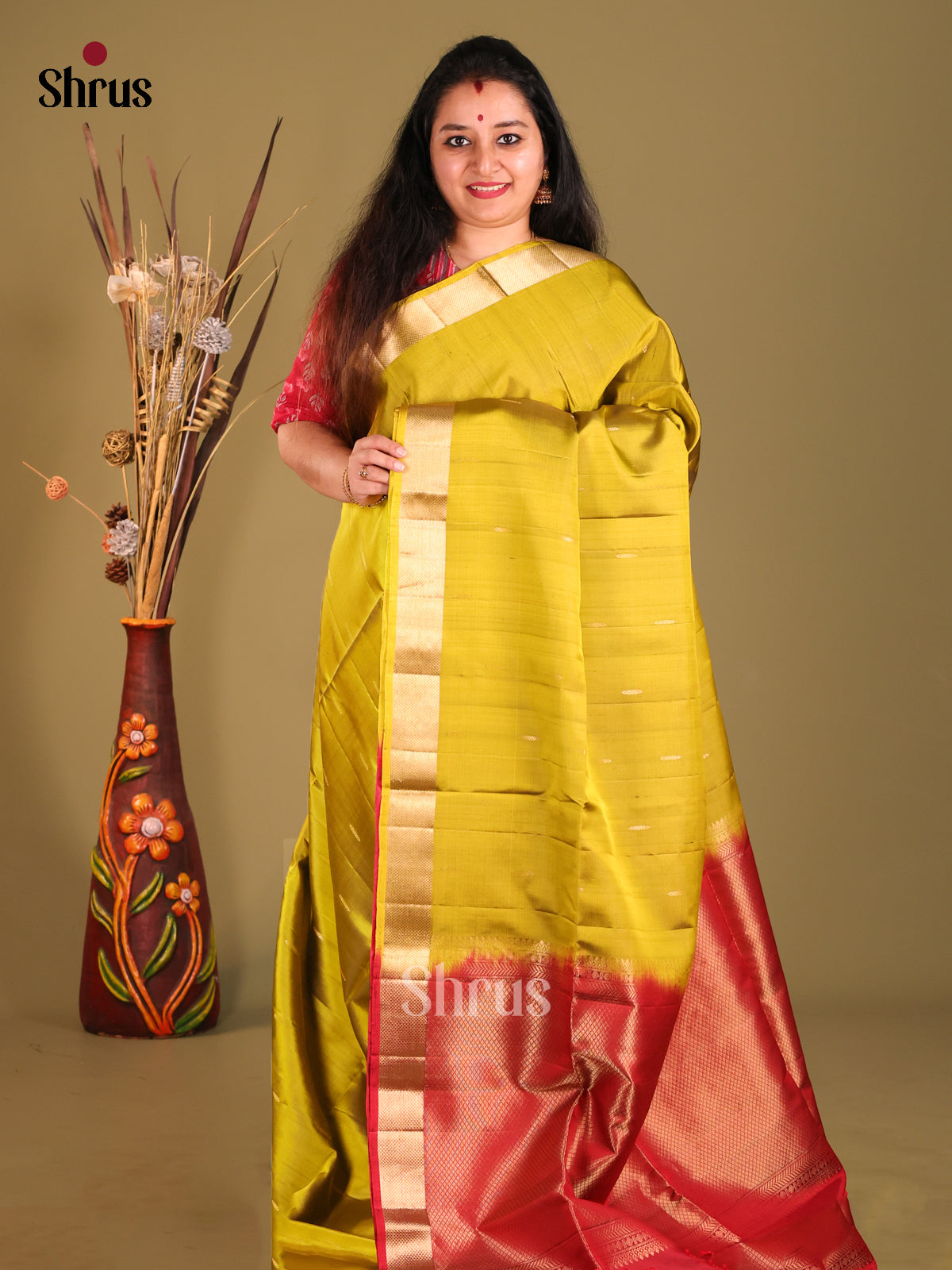 Mustardy Green Soft Silk Saree with zari buttas , brocade pallu-1