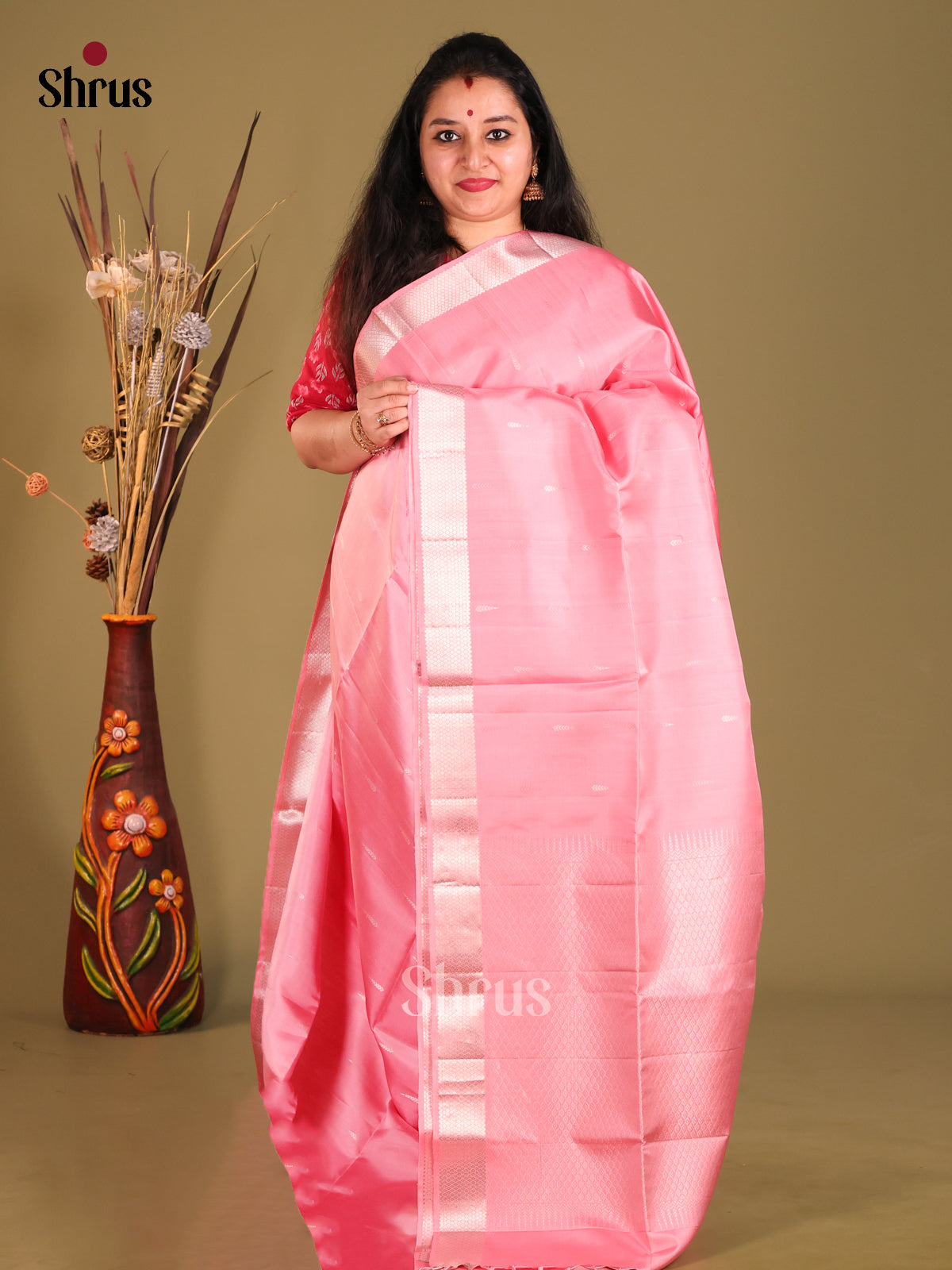 Pink single tone Soft Silk Saree gleams with silk zari buttas-1